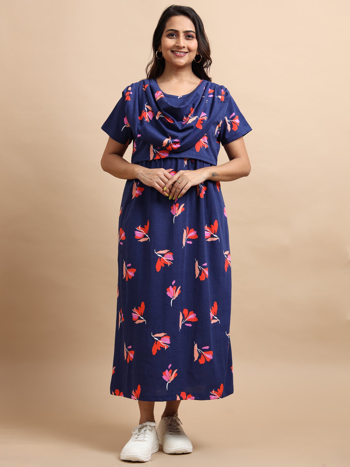 Zipless Feeding Maternity Gown with Attached Dupatta | Floral Print | Navy Blue & Pink-Red