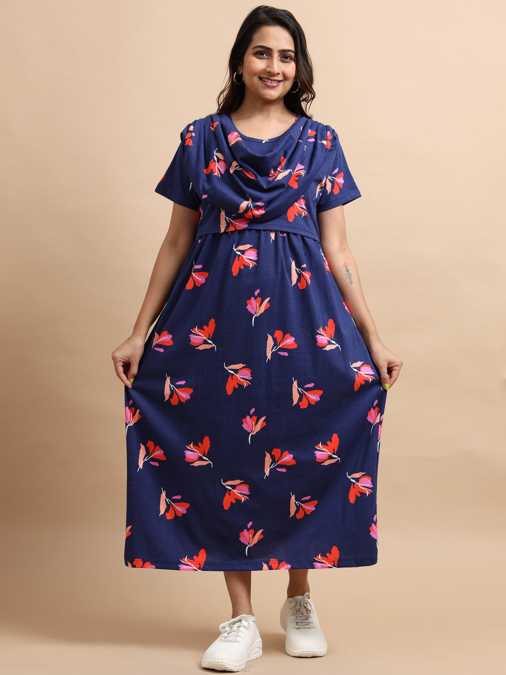Zipless Feeding Maternity Gown with Attached Dupatta | Floral Print | Navy Blue & Pink-Red