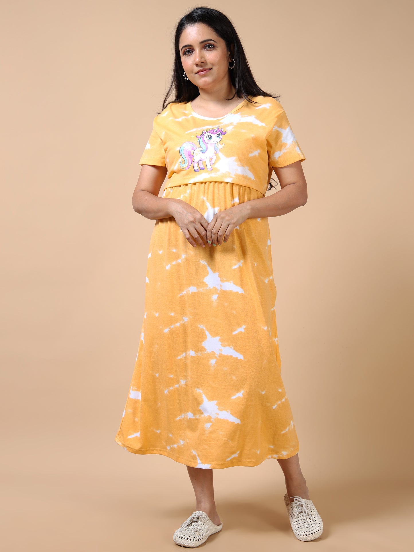 Feeding & Maternity Yellow Tie-Dye Unicorn Print Zipless Nightdress