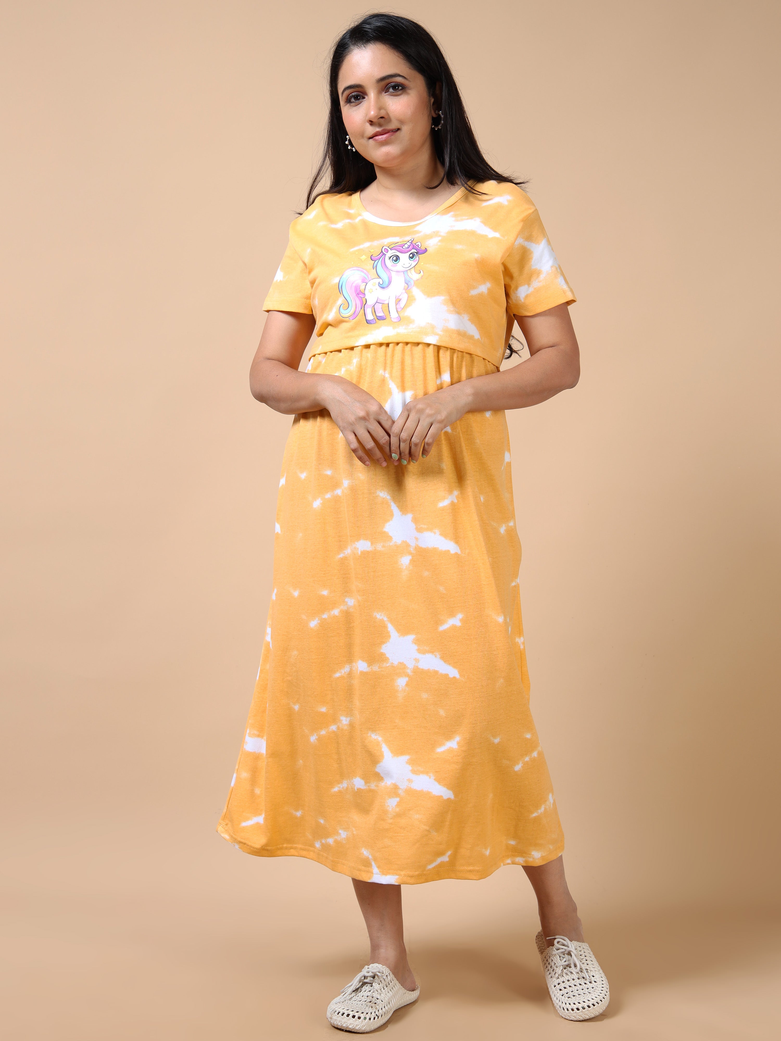 Non Feeding Yellow Tie-Dye Unicorn Print Nightdress