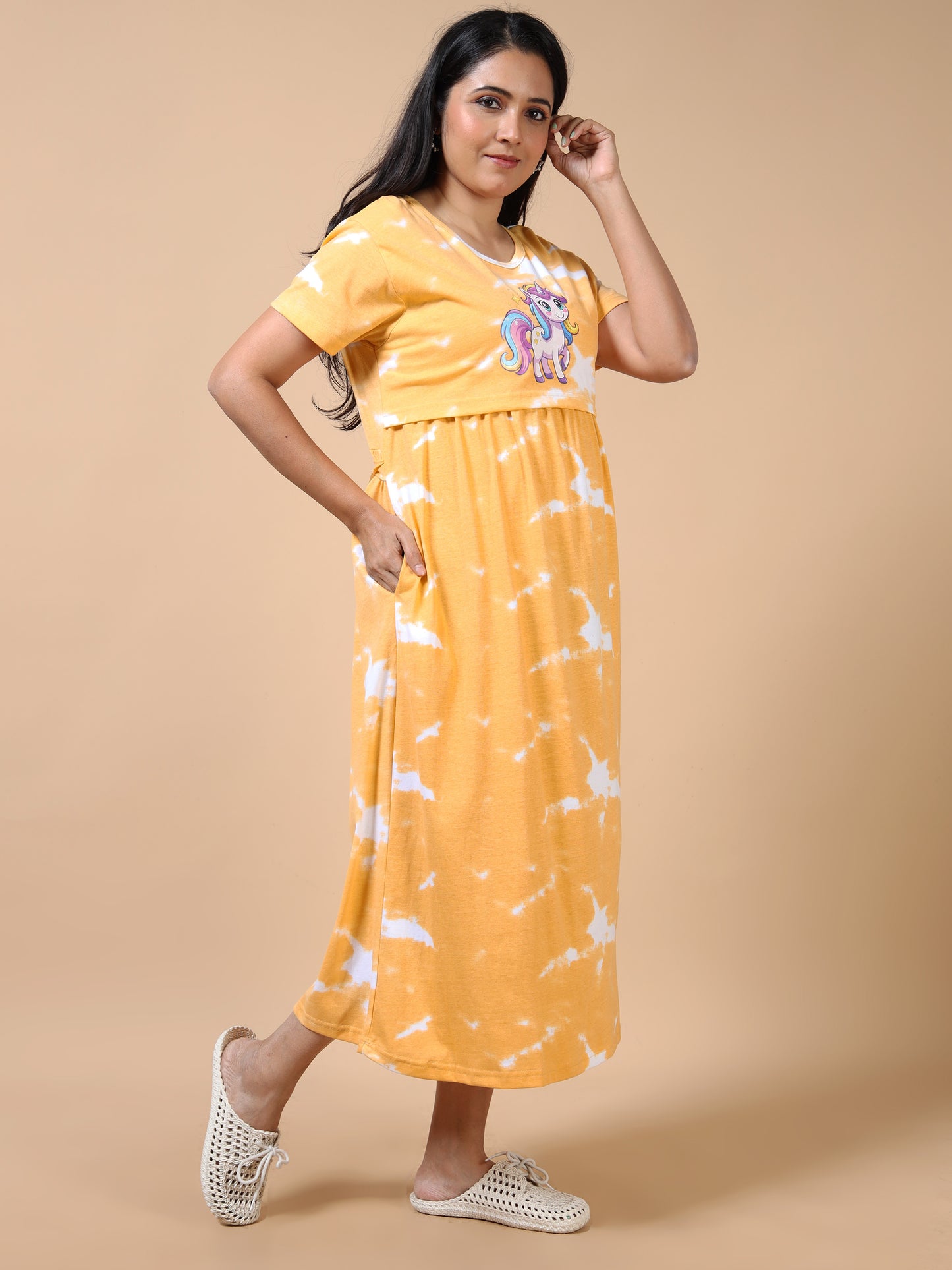 Feeding & Maternity Yellow Tie-Dye Unicorn Print Zipless Nightdress