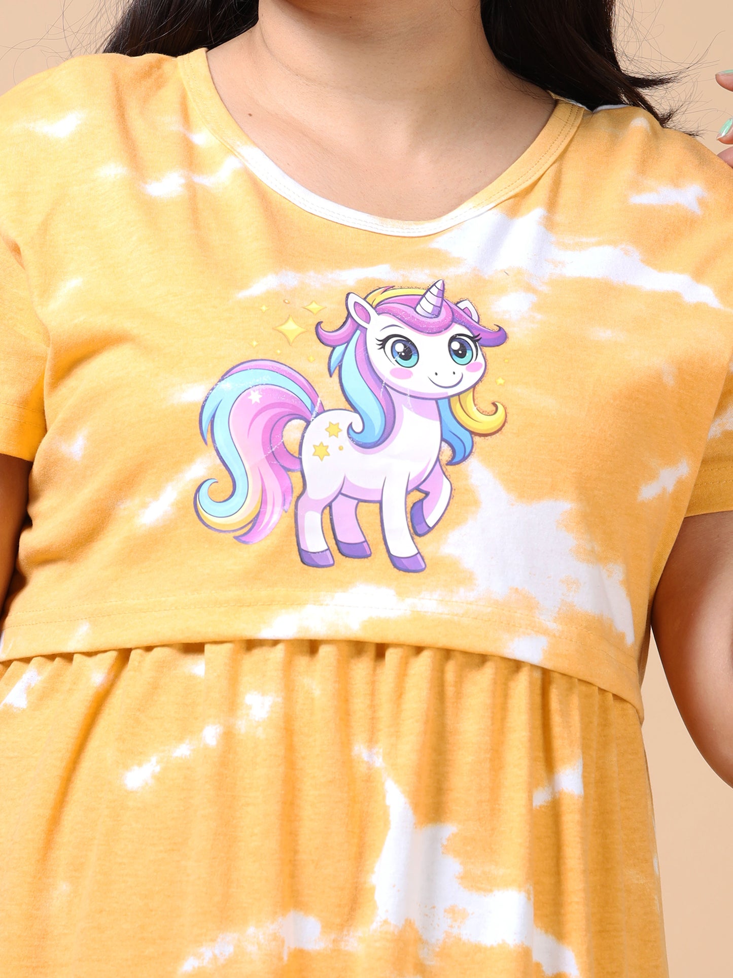 Feeding & Maternity Yellow Tie-Dye Unicorn Print Zipless Nightdress