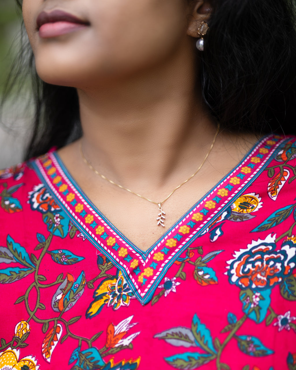 Jaipuri Cotton Short Kurti with Vibrant Floral Vine Print and Neck Embroidery Detailing