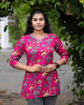 Jaipuri Cotton Short Kurti with Vibrant Floral Vine Print and Neck Embroidery Detailing