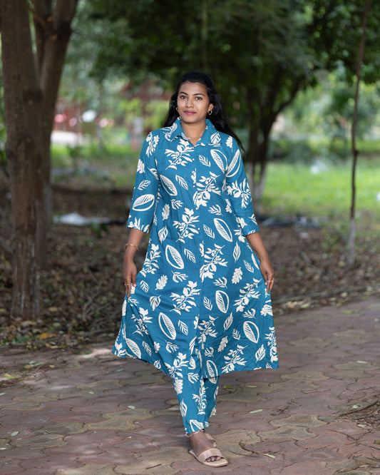 Women's Jaipuri Leaf Print Cotton Co-Ord Set | Blue Long Kurta with Matching Pant | Elegant Ethnic Co-Ord Set