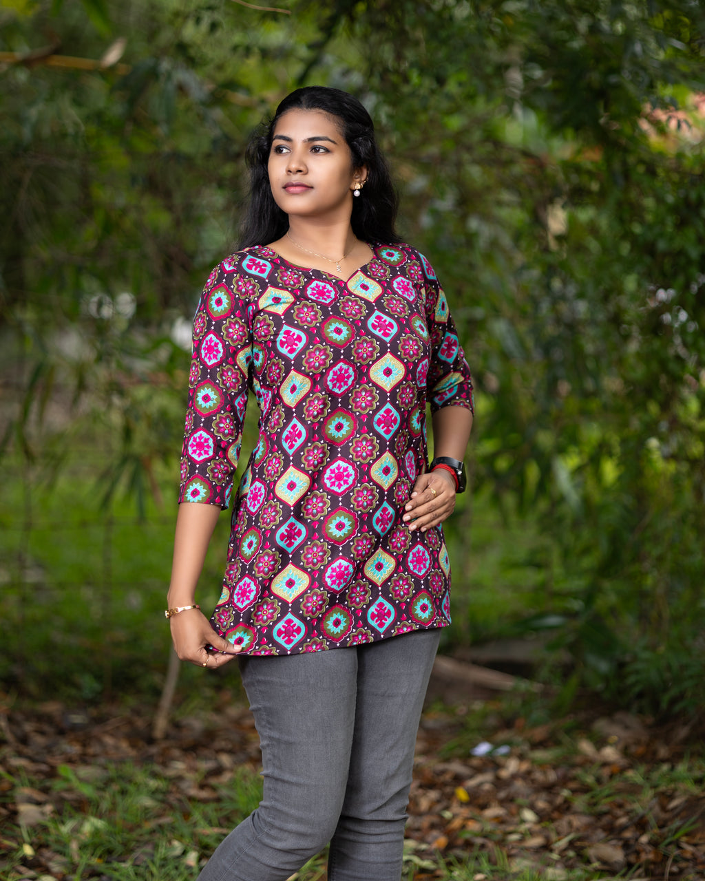 Jaipuri Cotton Short Kurti with Geometric Floral Butti Print Design
