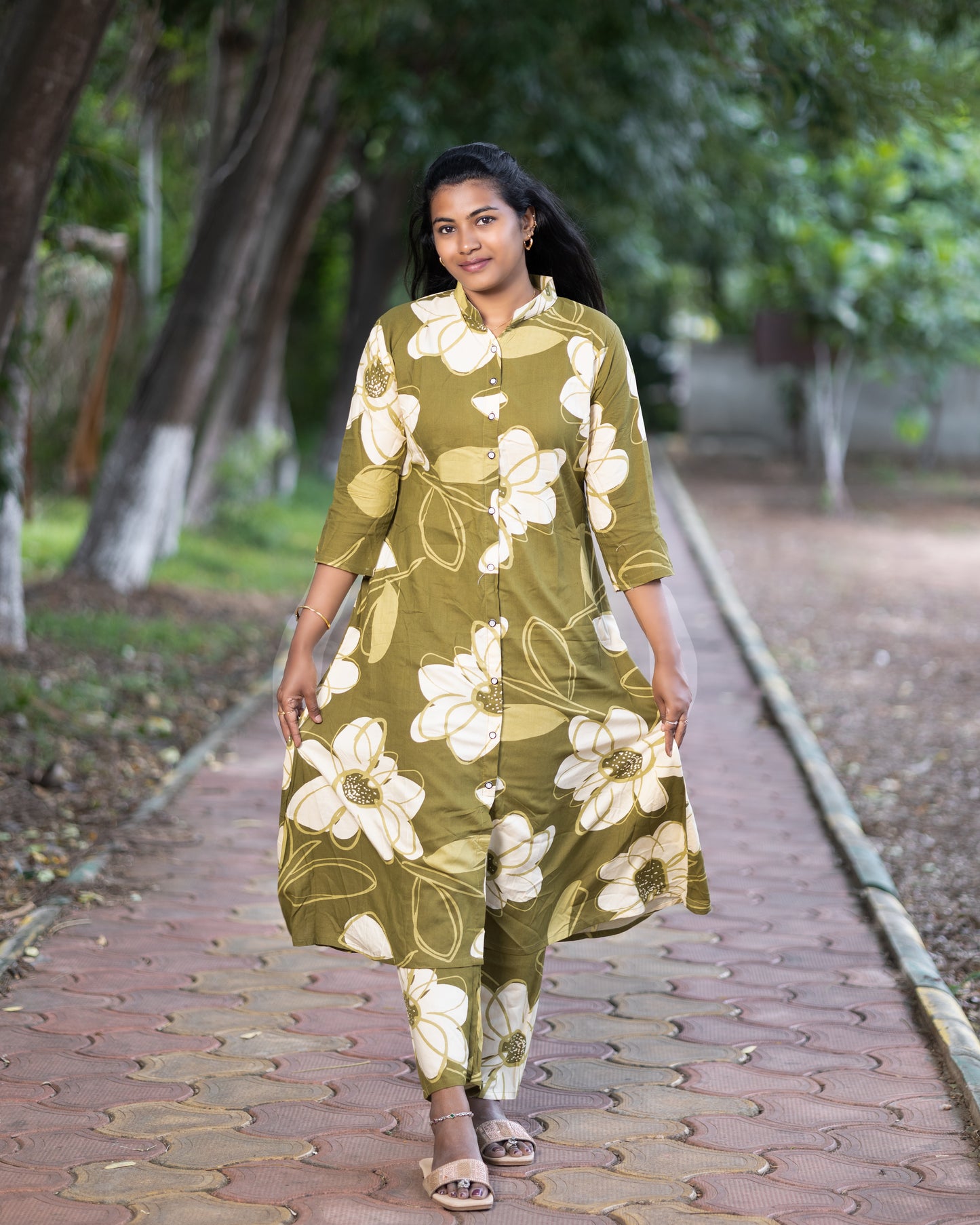Women's Jaipuri Floral Print Cotton Co-Ord Set | Front Button Long Kurta with Pant | Stylish Ethnic Set