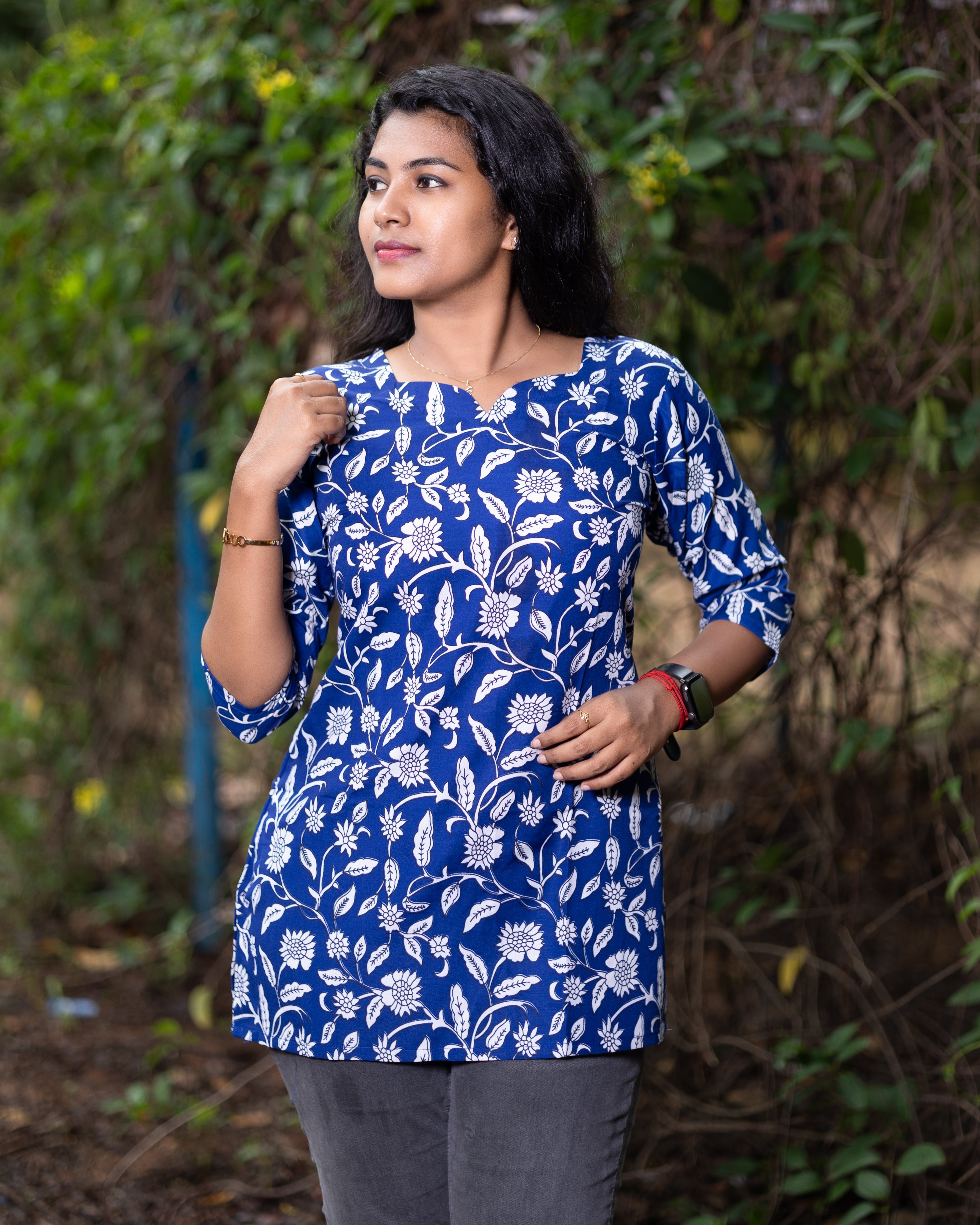 Jaipuri Cotton Short Kurti with Vibrant Floral Blue