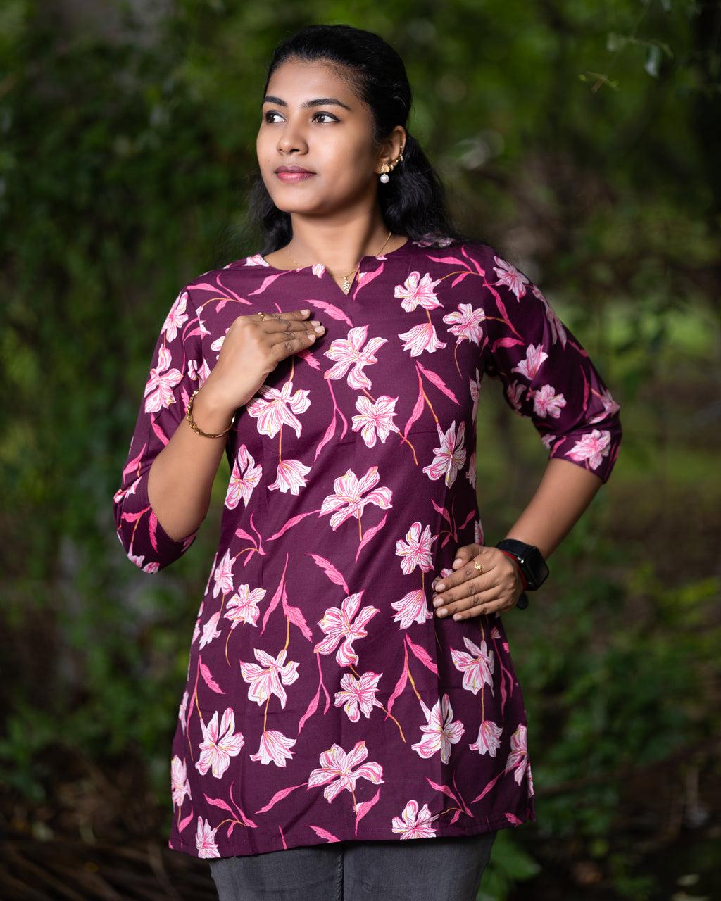 Jaipuri Cotton Short Kurti with All-Over Lily Floral Print Design