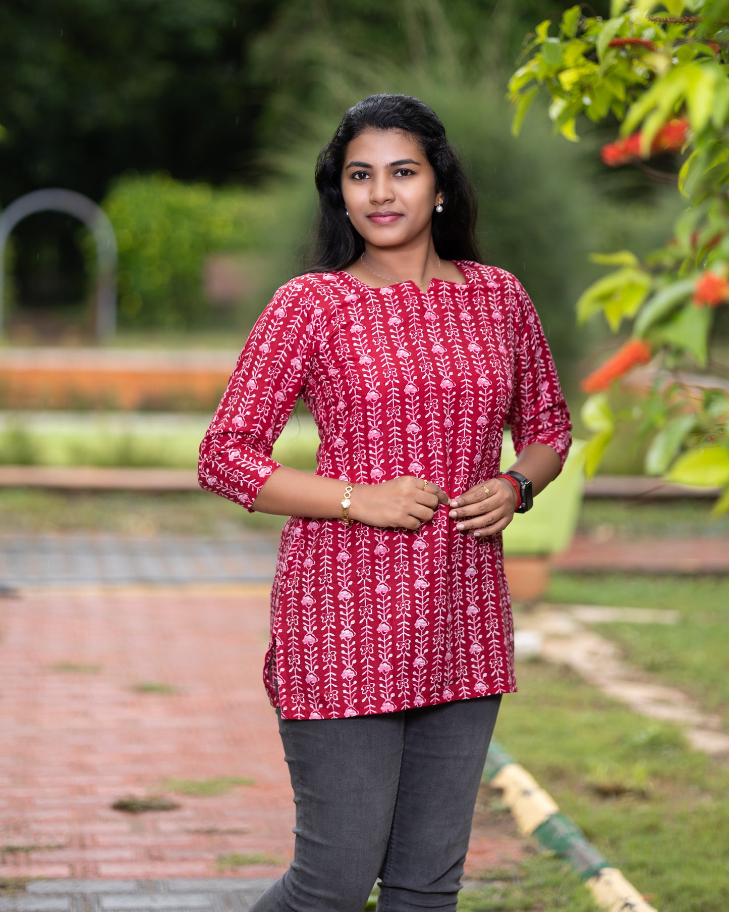 Jaipuri Cotton Short Kurti with Vertical Floral Handblock Print Design