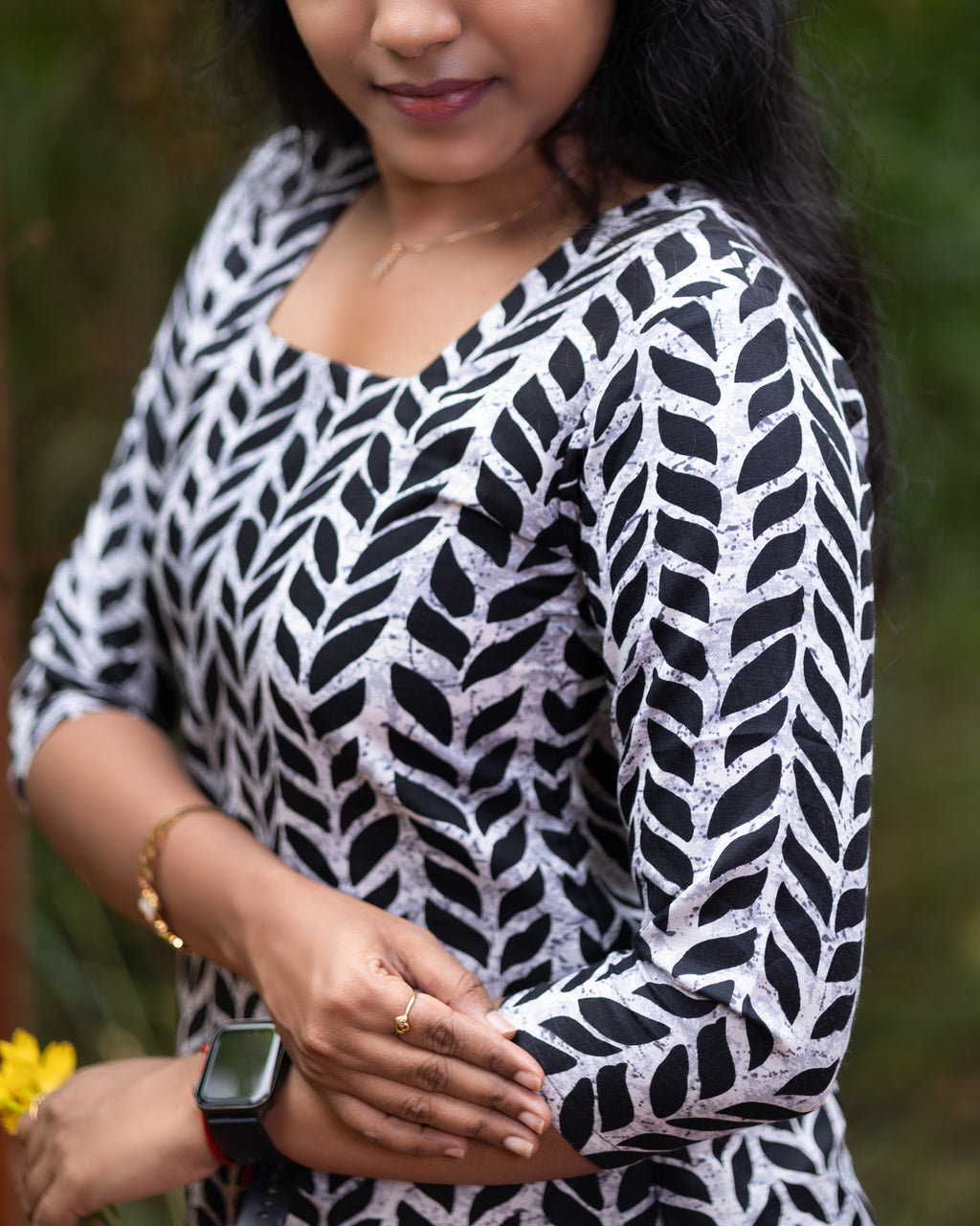 Jaipuri Cotton Short Kurti with Chevron Leaf Block Print Design