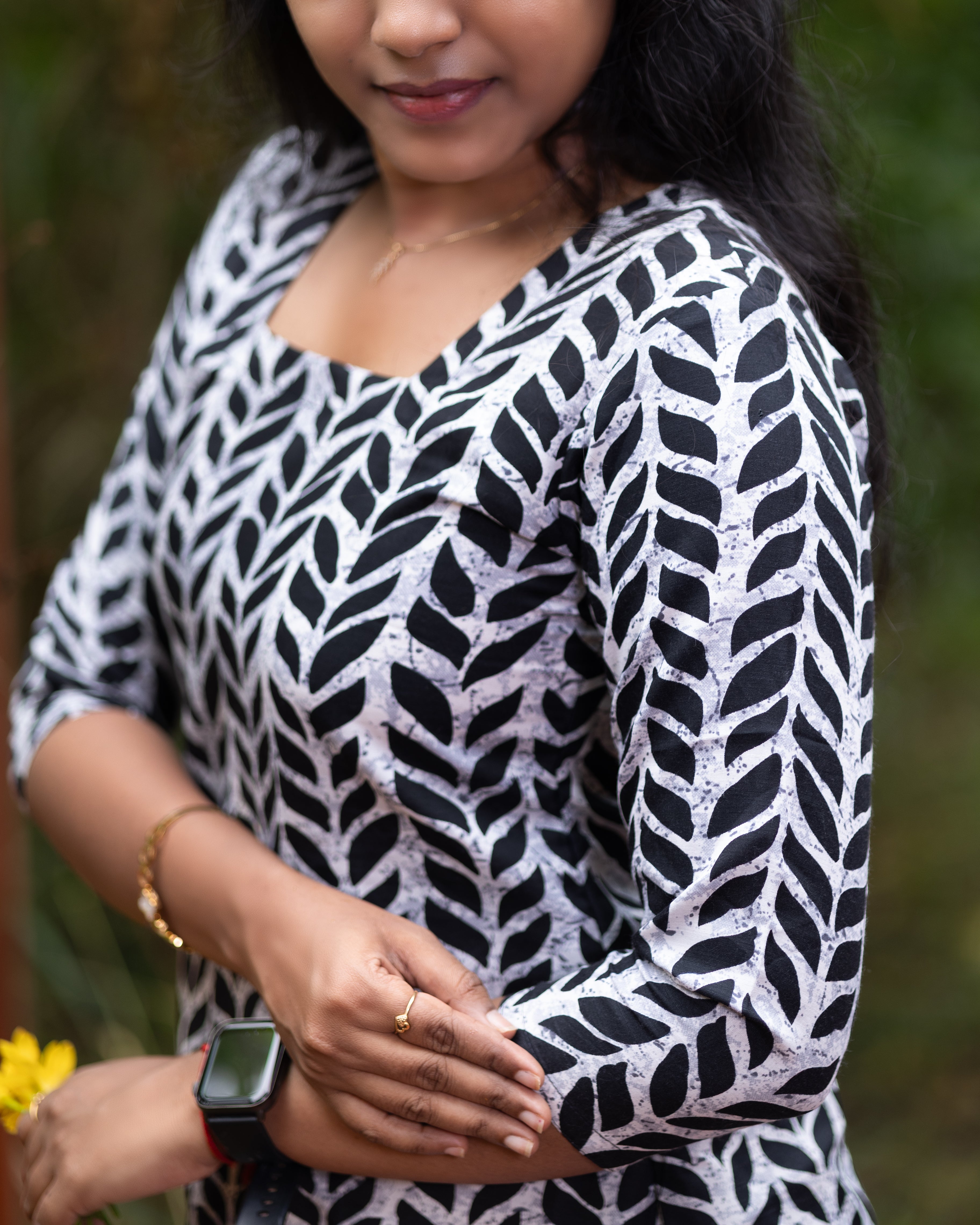 Jaipuri Cotton Short Kurti with Chevron Leaf Block Print Design