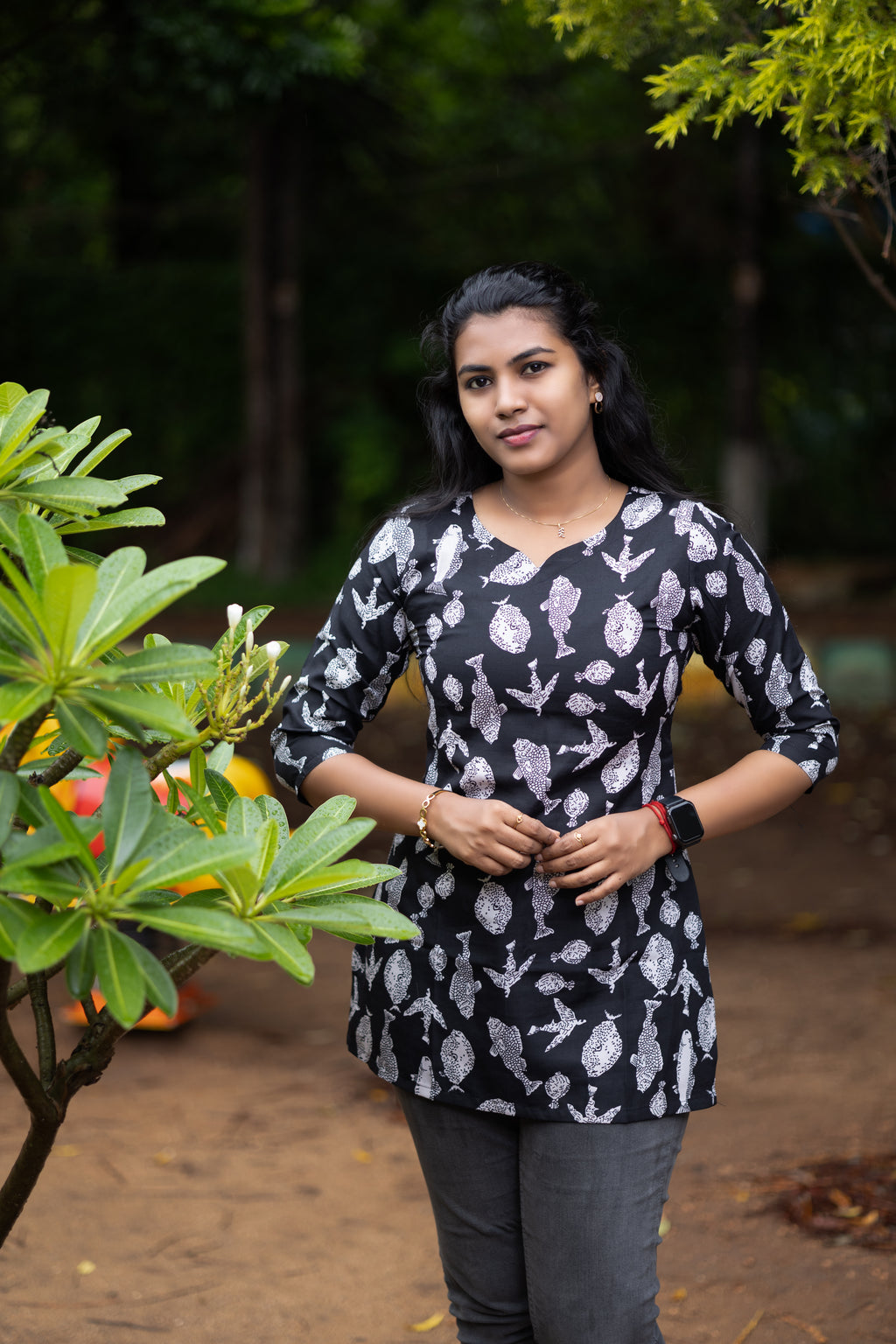 Jaipuri Cotton Short Kurti with Handblock-Inspired Fish Print Design