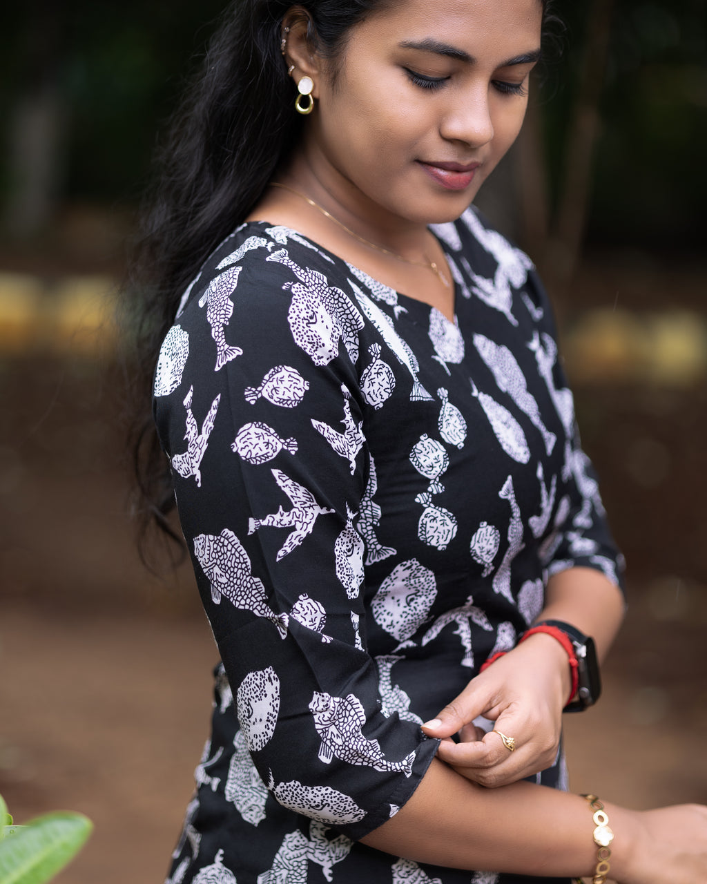 Jaipuri Cotton Short Kurti with Handblock-Inspired Fish Print Design