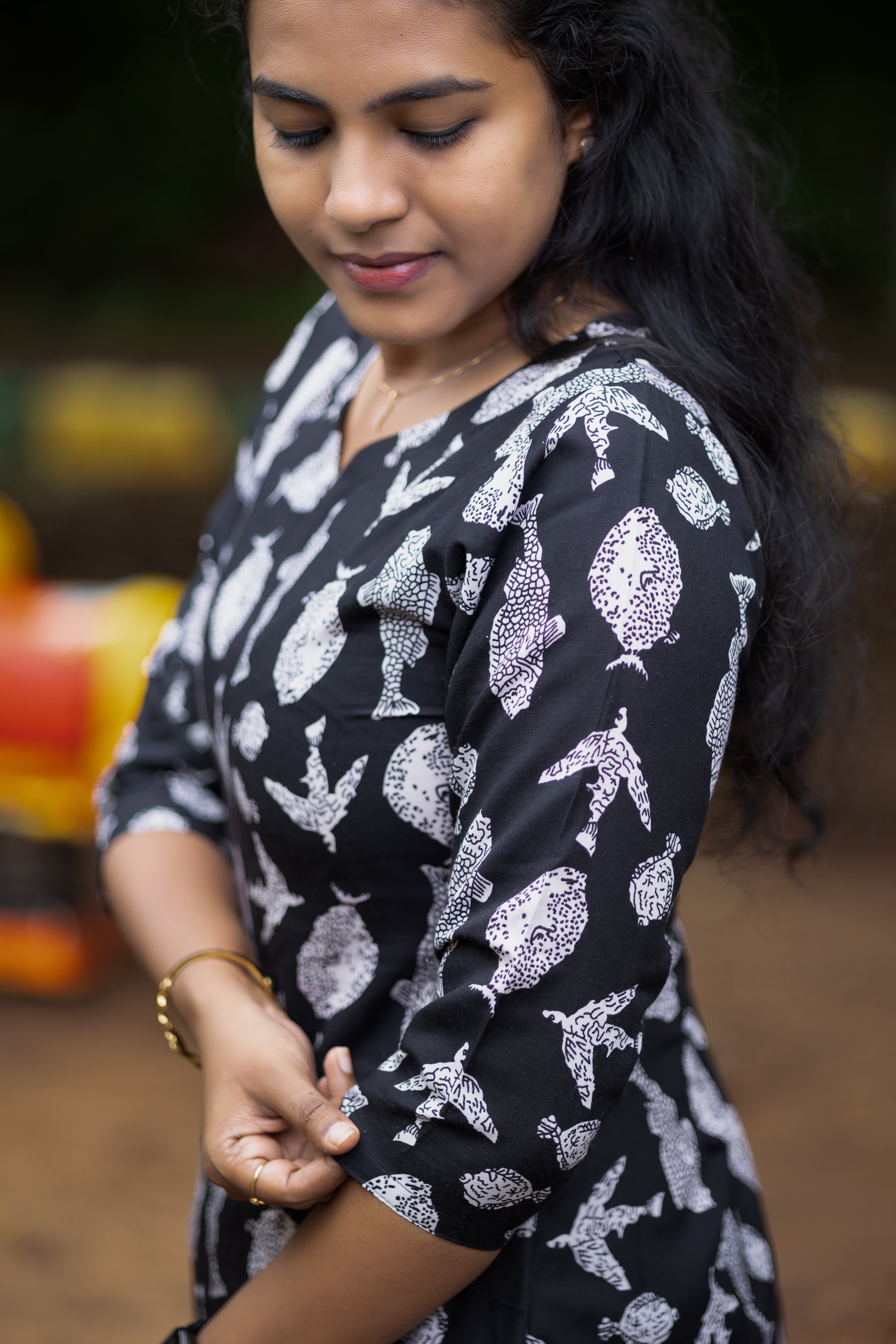 Jaipuri Cotton Short Kurti with Handblock-Inspired Fish Print Design