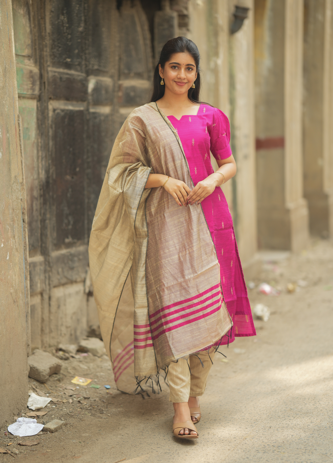 Rani Pink Raw Silk Kurti with Subtle Gold Motifs