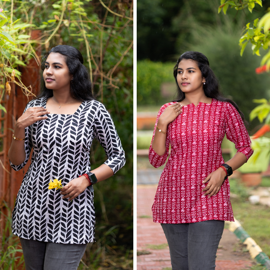 Short Kurti with 3/4th Sleeves & Comfort Fit (White & Deep Red)