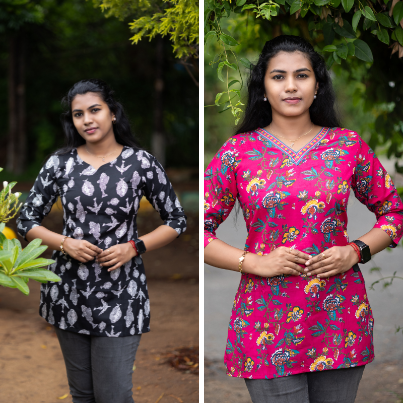 Short Kurti with 3/4th Sleeves & Comfort Fit (Black & Red)