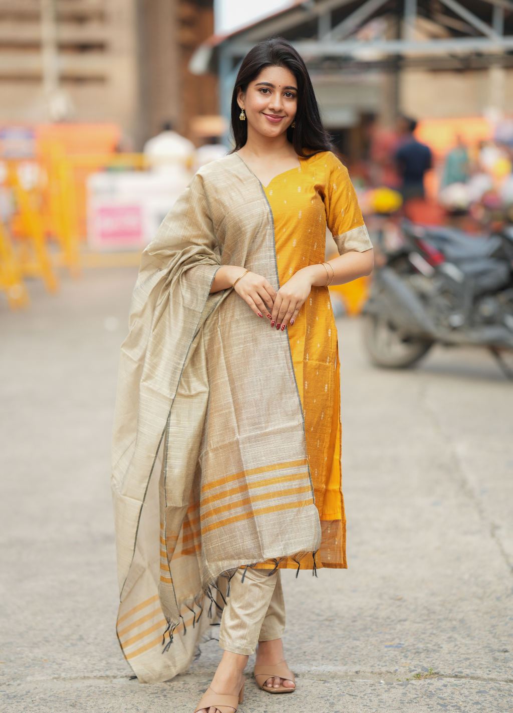 Mustard Yellow Raw Silk Kurti with Gold Motifs