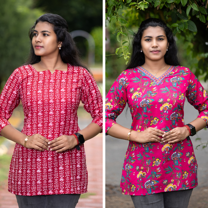Short Kurti with 3/4th Sleeves & Comfort Fit (Deep Red & Red)