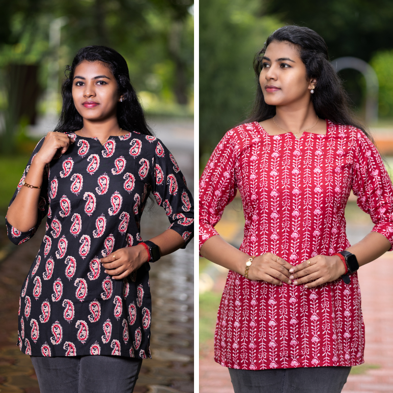 Short Kurti with 3/4th Sleeves & Comfort Fit (Black & Deep Red) v2