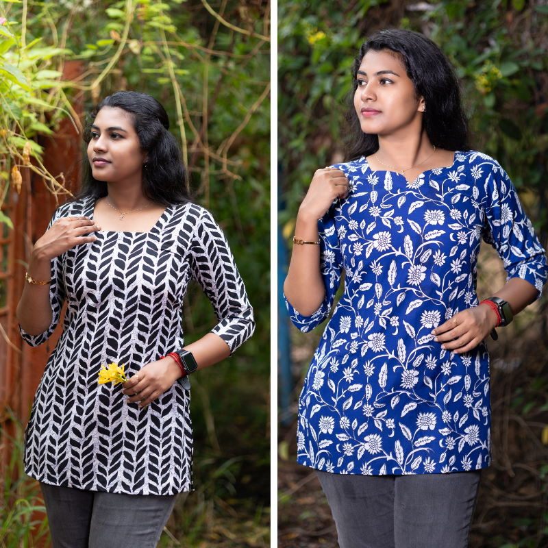 Short Kurti with 3/4th Sleeves & Comfort Fit (White & Blue)