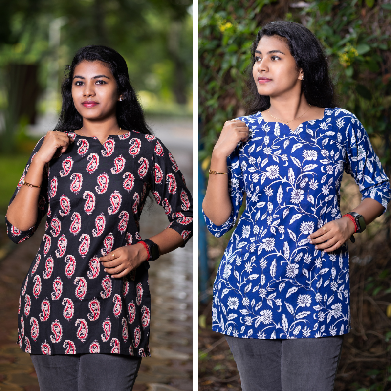 Short Kurti with 3/4th Sleeves & Comfort Fit (Black & Blue) v2