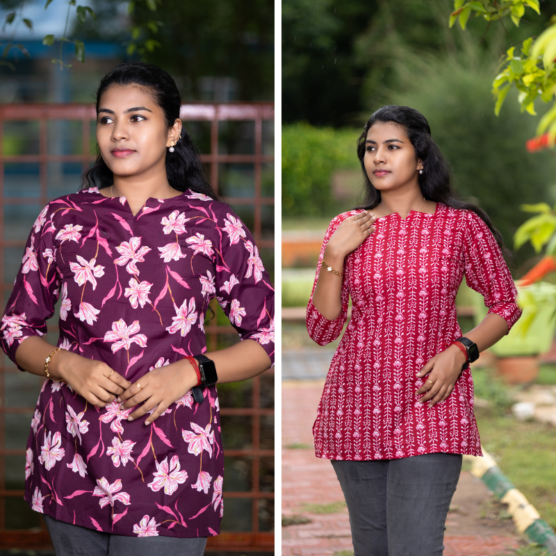 Short Kurti with 3/4th Sleeves & Comfort Fit (Wine & Deep Red)