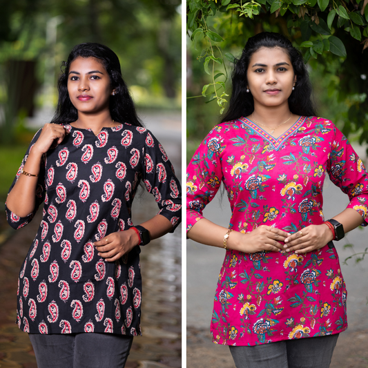 Short Kurti with 3/4th Sleeves & Comfort Fit (Black & Red) v2