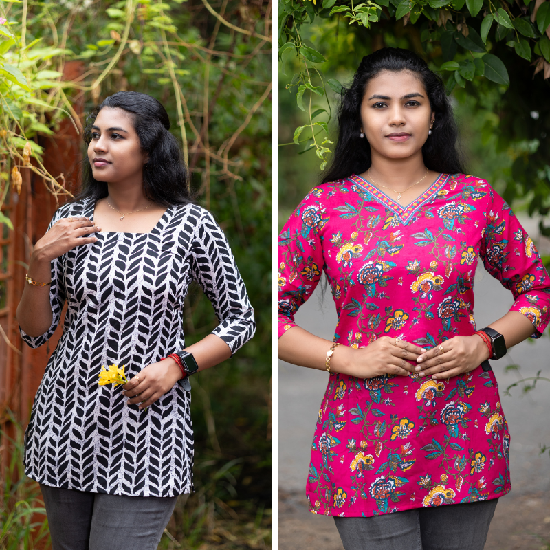 Short Kurti with 3/4th Sleeves & Comfort Fit (White & Red)