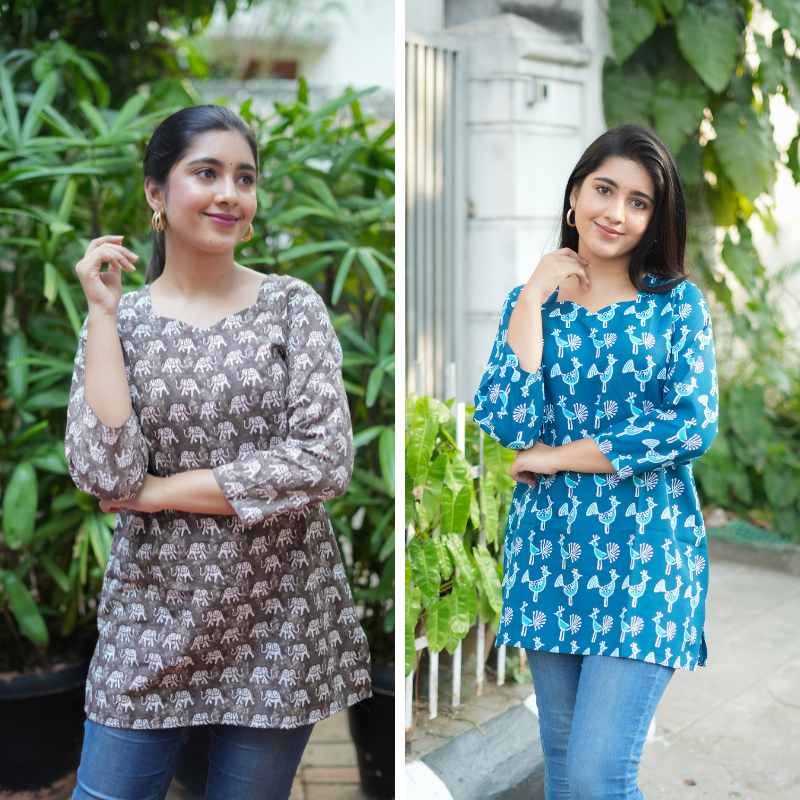 Short Kurti with 3/4th Sleeves & Comfort Fit ( Elephant and Peacock v2)