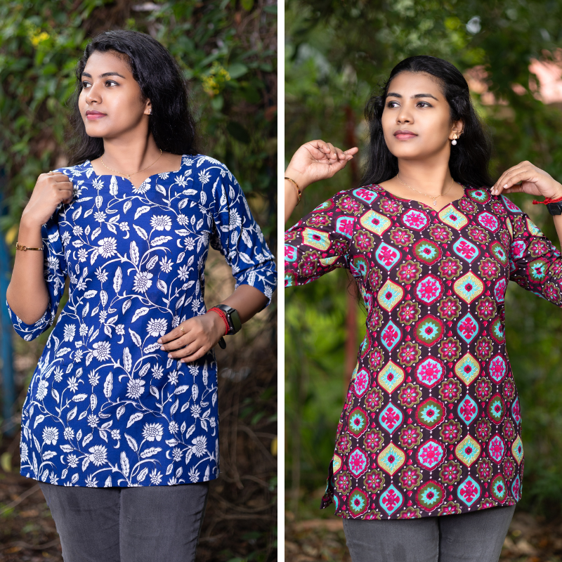 Short Kurti with 3/4th Sleeves & Comfort Fit (Blue & Brown)