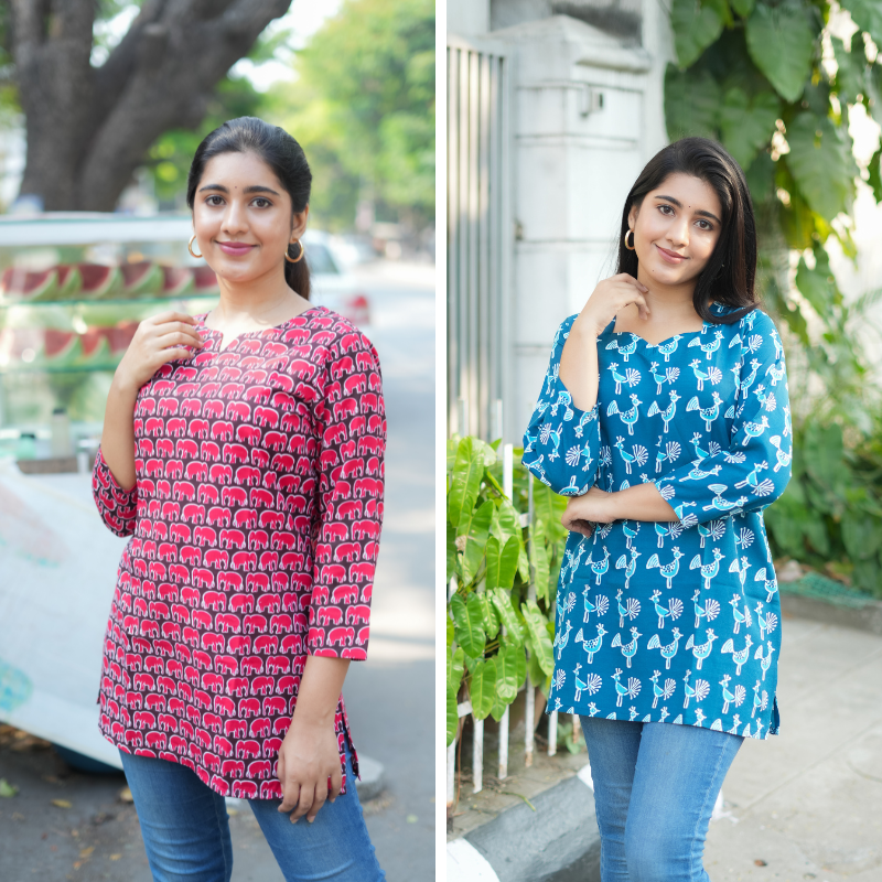 Short Kurti with 3/4th Sleeves & Comfort Fit ( Elephant and Peacock)