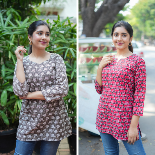 Short Kurti with 3/4th Sleeves & Comfort Fit ( Elephant Design)