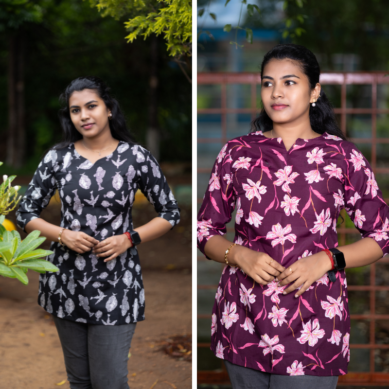 Short Kurti with 3/4th Sleeves & Comfort Fit (Black & Wine)