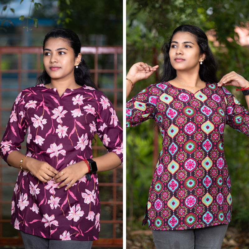 Short Kurti with 3/4th Sleeves & Comfort Fit (Wine & Brown)