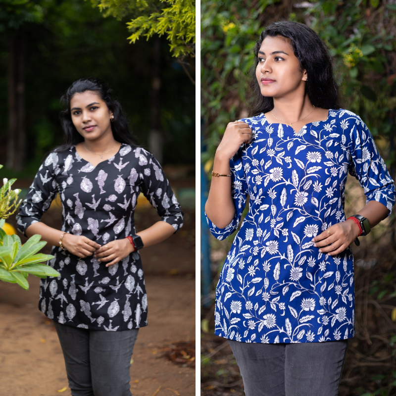 Short Kurti with 3/4th Sleeves & Comfort Fit (Black & Blue)