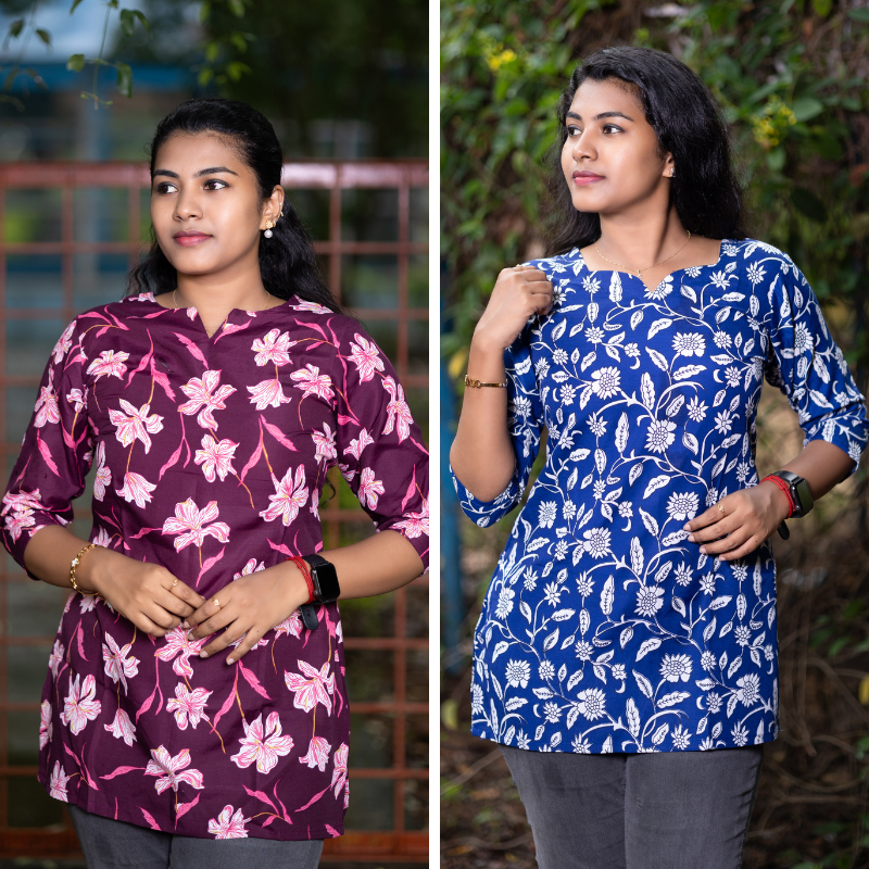 Short Kurti with 3/4th Sleeves & Comfort Fit (Wine & Blue)