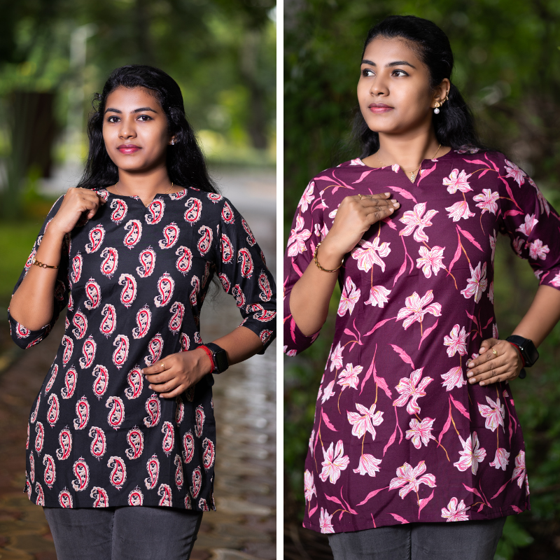 Short Kurti with 3/4th Sleeves & Comfort Fit (Black & Wine) v2
