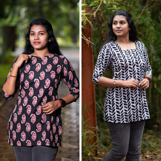 Short Kurti with 3/4th Sleeves & Comfort Fit (Black & White) v2