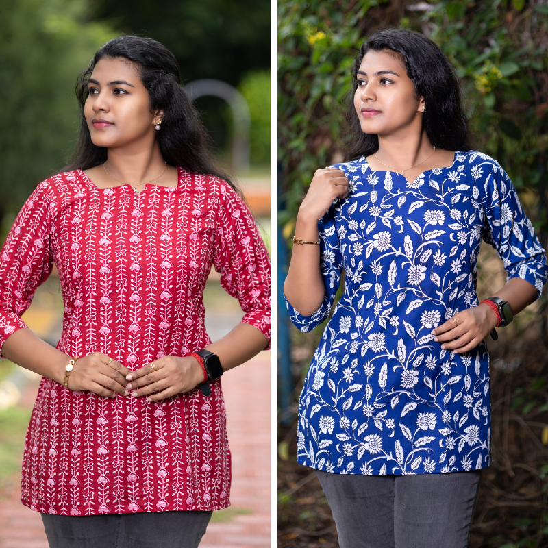 Short Kurti with 3/4th Sleeves & Comfort Fit (Deep Red & Blue)