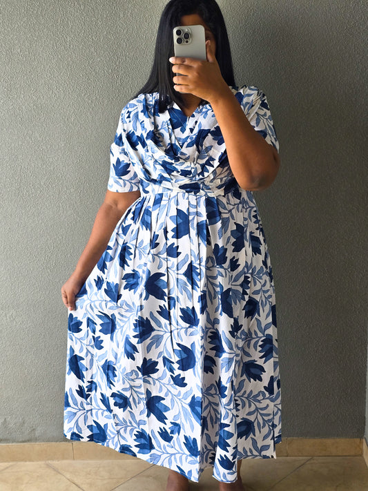 Maxi Style Nighty with Dupatta attached - White with Blue Floral Print