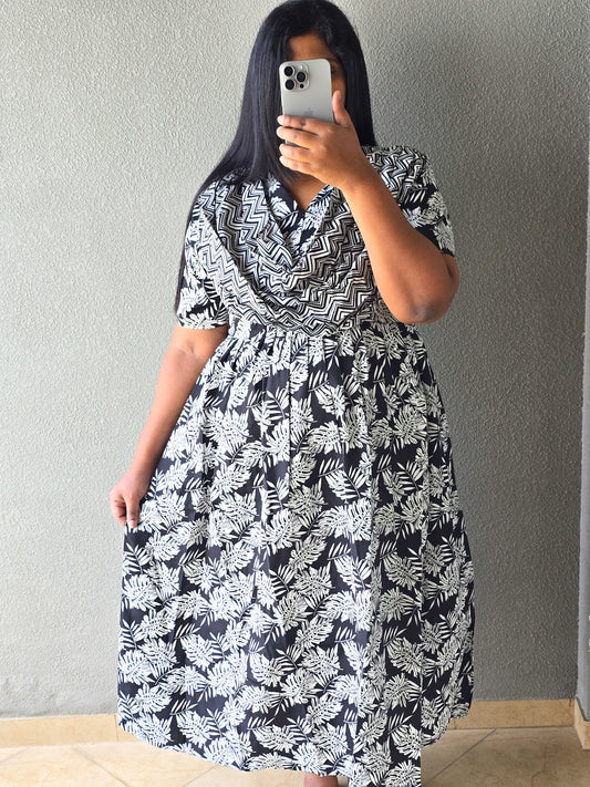 Maxi Style Nighty with Dupatta attached - Black with White Leaf