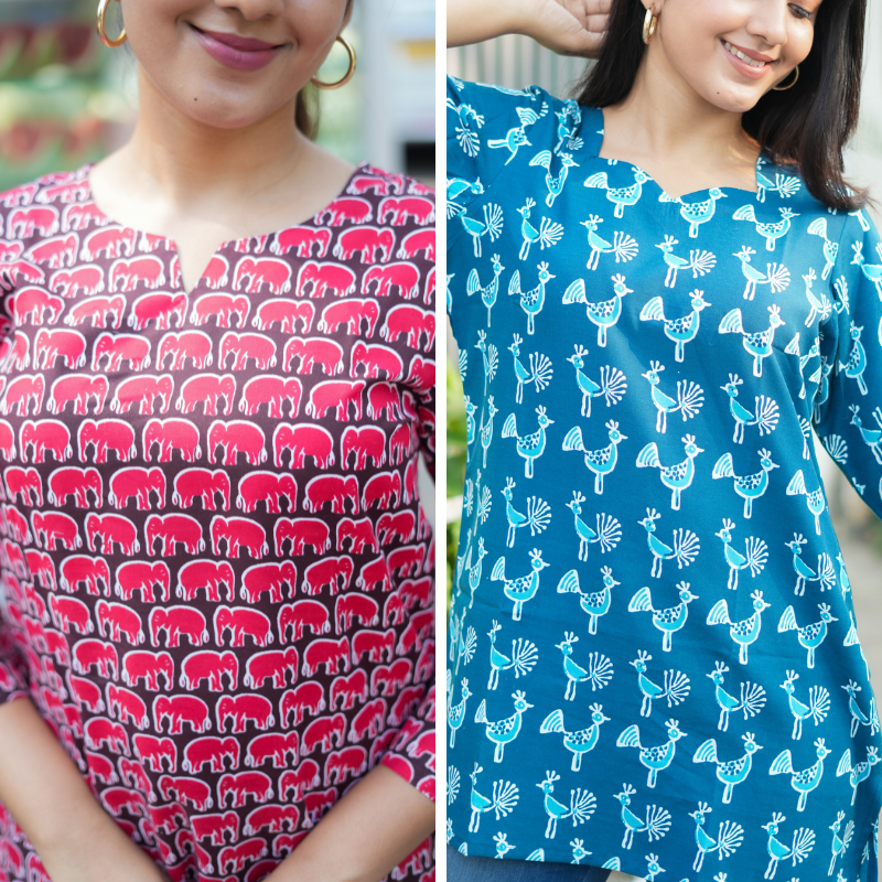 Short Kurti with 3/4th Sleeves & Comfort Fit ( Elephant and Peacock)