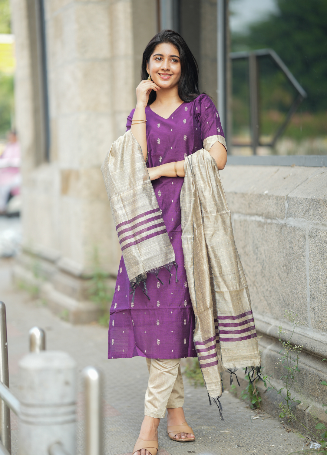Royal Plum Purple Raw Silk Kurti with Gold Motifs