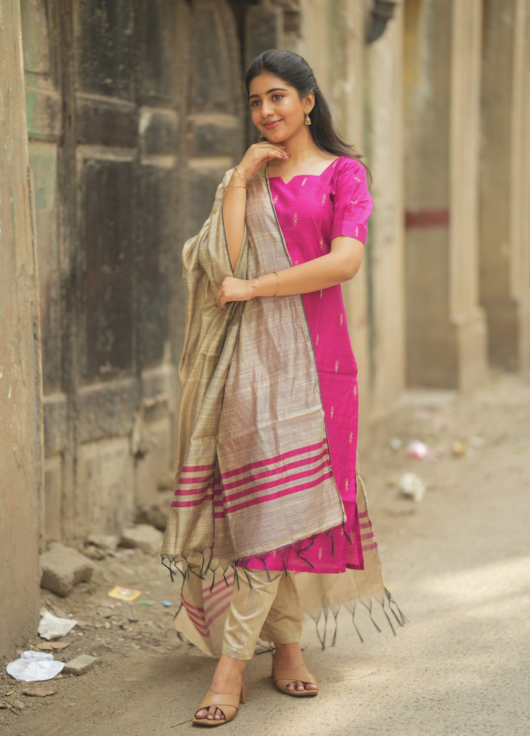 Rani Pink Raw Silk Kurti with Subtle Gold Motifs