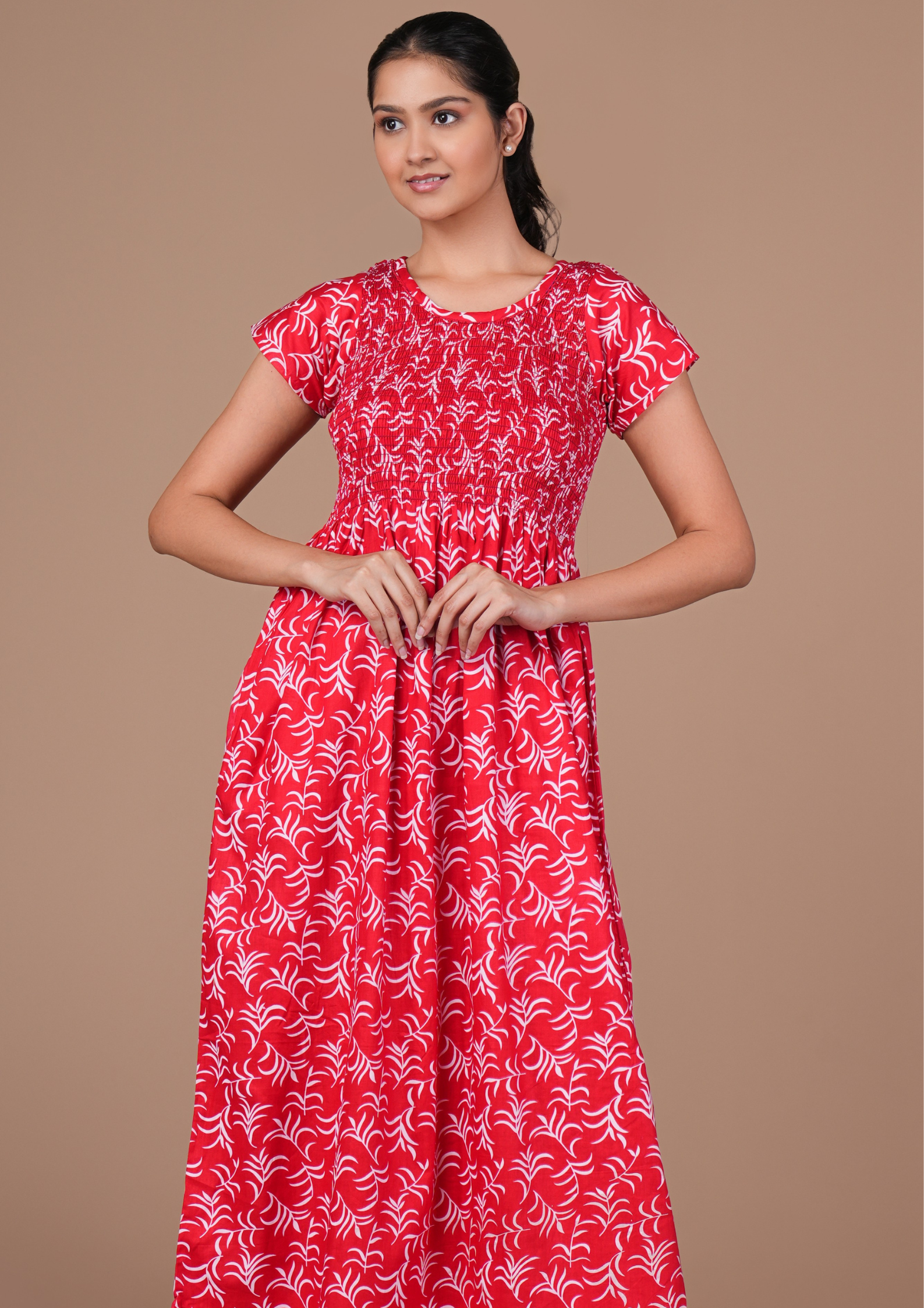 Red Floral Print Smoky Nighty for Women