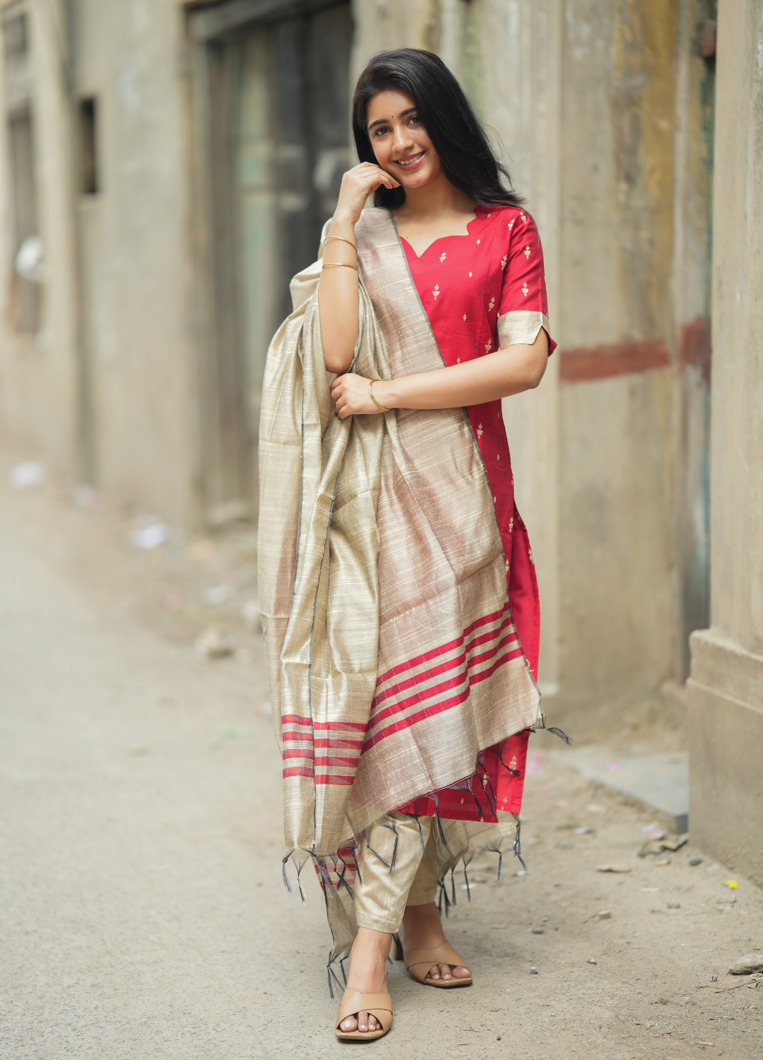 Crimson Red Raw Silk Kurti with Gold Motifs
