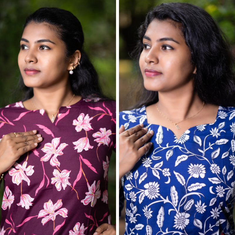 Short Kurti with 3/4th Sleeves & Comfort Fit (Wine & Blue)