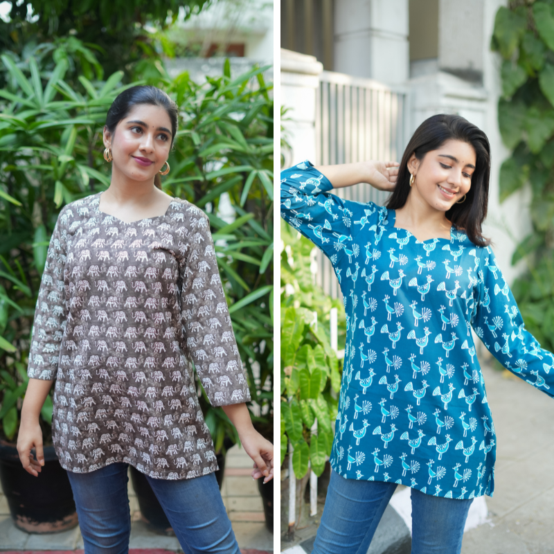 Short Kurti with 3/4th Sleeves & Comfort Fit ( Elephant and Peacock v2)
